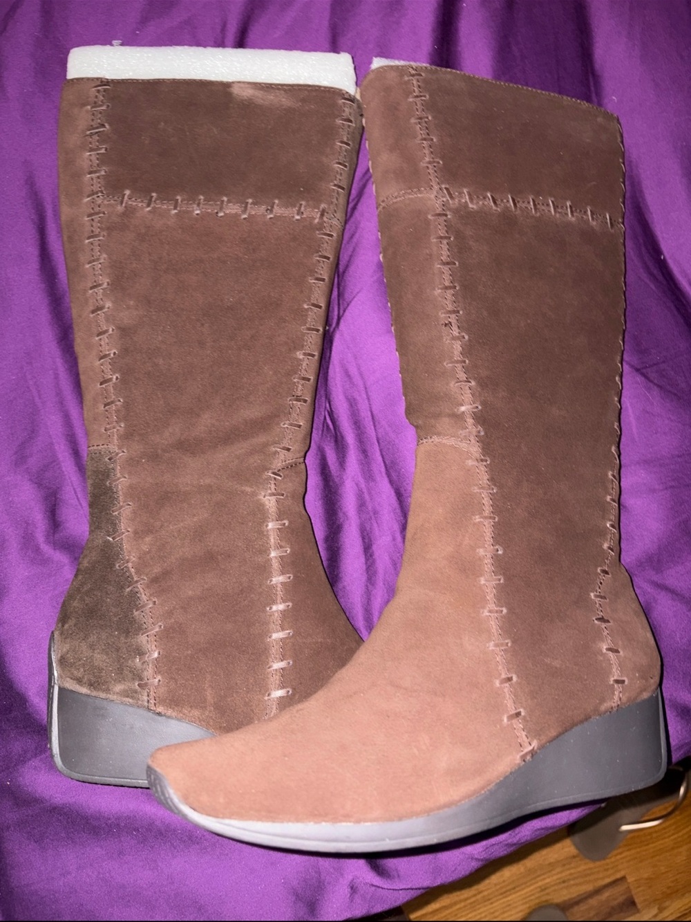 Never Worn Easy Spirit Jonlee Brown Suede Knee-High Wedge Boots Whipstitch Y2K